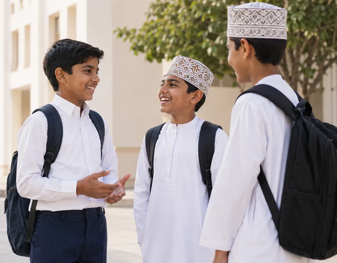 An Indian boy in school uniform talking and laughing with two Omani classmates outside their school