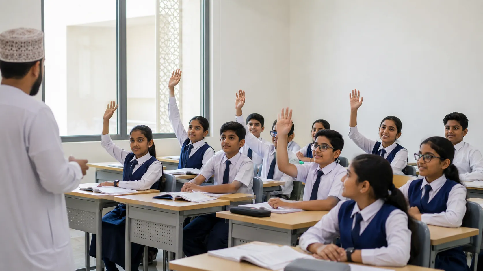 A small class of Indian students with their hands raised, taught by an Omani teacher in a bright classroom